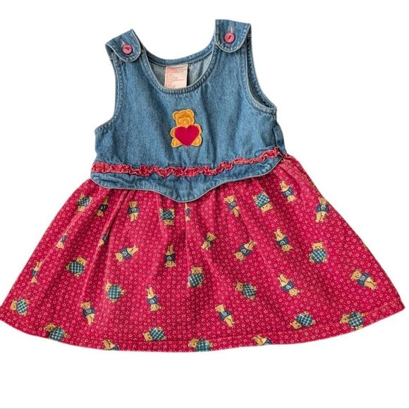 Vintage 90s girls heart bear denim dress Valentine's size 18 months - Picture 1 of 7